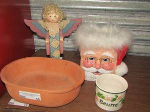 lot 55 image: Santa vase- Beurne mug - wooden angel, orange pottery bowl