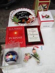 lot 130 image: Santa cookie plate, 2 Christmas books, hallmark new home and Christmas bell