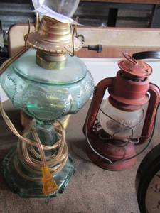lot 81 image: Small Dietz lantern- green glass oil lamp and a brass table lamp