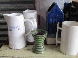 lot 56 image: 3 white handled pitchers- small green vase and blue vase
