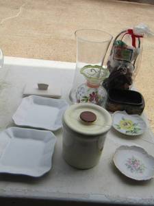 lot 125 image: 2 mini floral plates, covered canisters , 2 vases , 2 white plates
