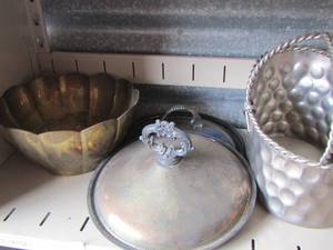 lot 186 image: brass bowl, metal basket , 2 silver platted lids