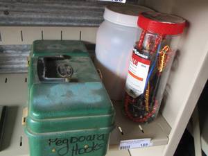 lot 189 image: bungee cords, green tool box with peg board hooks