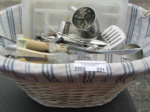lot 221 image: wicker basket with kitchen utensils