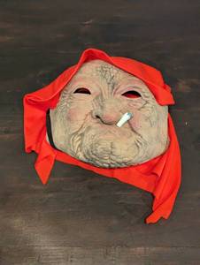 lot 79 image: NEW - Halloween Old Lady Mask Scary Realistic Old Women Costume Horror Smoking Granny with Red Hood - Display