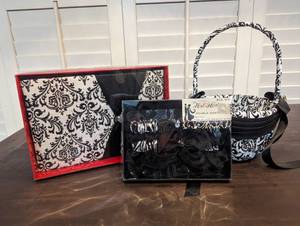 lot 111 image: NEW - 4 Piece BW Wedding Set Double Garters, Flower Basket, and Guestbook by Studio His & Hers