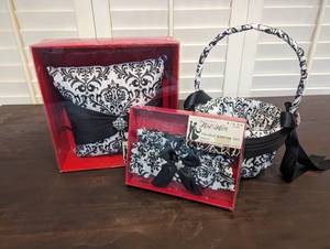 lot 112 image: NEW - 4 Piece BW Damask Wedding Set Double Garter Set, Flower Girl Basket, and Ring Pillow