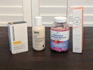 lot 113 image: NEW - 4 Piece Womens Health Set Neostrata Enlighten, NANO Mist Sprayer, Love Wellness pH Balancing Cleaner, and Purify Life PMS Relief Hormonal Balancing Gummies