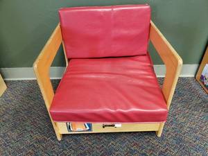 lot 27 image: JonTi Craft Wooden Childs Reading Center Arm Chair w Cushions