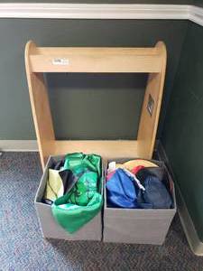 lot 47 image: Wooden Classroom Dressup Closet w  2 Bins of Dressup Clothes, Capes & Masks
