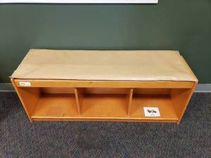 lot 61 image: Wooden 3 Compartment Classroom Storage Cabinet w Cushion