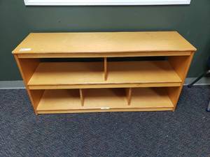 lot 62 image: Wooden 5 Compartment  Classroom Storage Cabinet.  Open on Both Sides