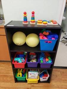 lot 83 image: Book Shelf w Contents.  Balls, Toys, Books, Puzzles & Manipluatives