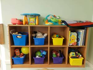 lot 156 image: Contents of Shelf.  Misc Baby Toys, Books & More.  Shelf Not Included.