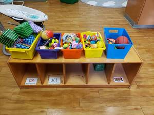lot 183 image: Wooden 5 Compartment Classroom Storage Cabinet.  Contents Not Included.