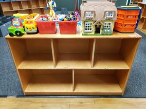 lot 210 image: Wooden 5 Compartment Classroom Storage Cabinet. Contents Not Included.