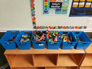 lot 217 image: Lot of 6 Storage Bins w Contents.  Animals, Duplo, Manipulatives, Toys & More