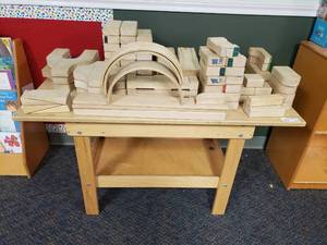 lot 232 image: Wooden Work Bench w LOTS of Wooden Blocks.  Workbench & Contents Included.