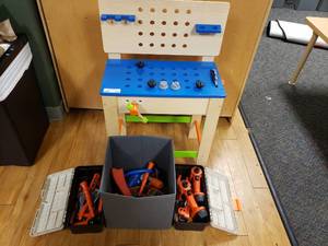 lot 246 image: Wooden Work Bench w LOTS of Toy Tools & Power Tools