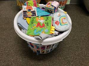 lot 273 image: Laundry Basket Full of InfantToddler Soft Books & Soft Play Items