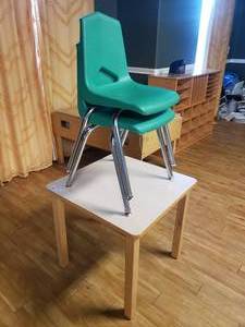 lot 323 image: Small Wood w Laminate Top Classroom Table w 2 Chairs