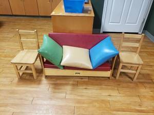 lot 335 image: JonTi-Craft Classroom Library Sofa w Cushions & 2 Wooden Chairs