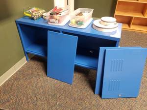 lot 337 image: Blue Metal Cabinet w Extra Shelf & Doors.  Doors to be put back on.