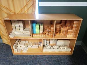 lot 349 image: Wooden 5 Comparment Classroom Storage Cabinet FULL of Wooden Blocks.  Cabinet & Blocks Included.