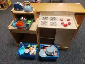 lot 353 image: Wooden Kaplan Play Kitchen Furniture w Accessories.  Includes Stove, Hutch & Lots of Accessories