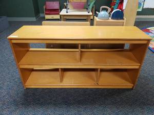 lot 354 image: Wooden 5 Compartment  Classroom Storage Cabinet.  Open on Both Sides