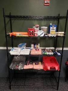 lot 389 image: Black Metal Shelf w DIY & Home Repair Contents.  Includes Shelf & Everything Pictured.