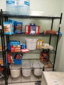 lot 451 image: Black Metal Shelf w Contents.  All Food & Items on Shelf Included