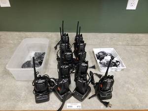 lot 472 image: Lot of 12 Pxton Model PX-888S 2 Way Long Range 16 channel Walkie Talkies w Charging Mounts, Belt Clips & More