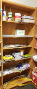 lot 499 image: Contents of Shelf.  Large Lot of Misc Classroom Supplies.  Includes Everything Pictured on Shelf