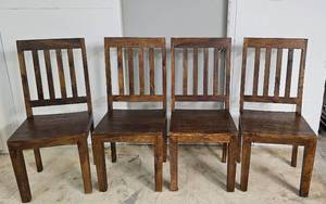 lot 24 image: (YOUR BID X 4) FARMHOUSE RUSTIC WOOD TIMBER PEG HIGH BACK STYLE DINING TABLE CHAIRS AS SHOWN.
