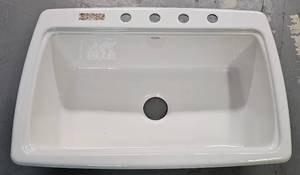lot 25 image: KOHLER CAPE DORY DROP-IN CAST IRON 4-HOLE KITCHEN SINK AS SHOWN. THIS ITEM IS HEAVY