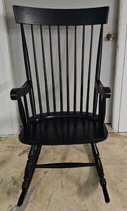 lot 26 image: WOODEN ARM ROCKING CHAIR IN BLACK AS SHOWN. NICE