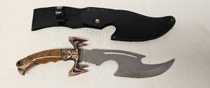 lot 31 image: Custom 14.5 inch decorative handle knife with leather sheath as shown.