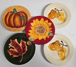 lot 33 image: LOT OF FIVE ONEIDA HEAVY FALL  THANKSGIVING THEMED SERVING PLATES AS SHOWN.