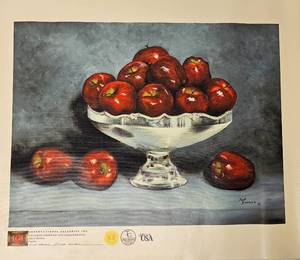 lot 39 image: APPLES PAINTING GICLEE PRINT ON CANVAS WATERCOLOR BY JEAN BARTLETT READY TO BE STRETCHED. 18 H X 24 W.