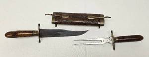 lot 52 image: Antique knifefork set with walnut wood sheath made in India as shown. Take a look Approx. 18 long closed.