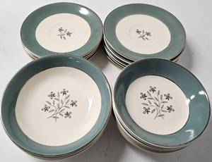 lot 79 image: VINTAGE GRANTCREST EMPRESS 55W FLORAL CENTER SAGE GREEN BORDER SAUCERS AND PLATES AS SHOWN.