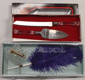 lot 84 image: WEDDING KNIFE AND SERVER SET AND DELUXE PEN SET AS SHOWN.
