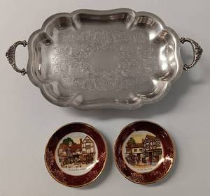 lot 87 image: VINTAGE WALLACE SILVERPLATE FOOTED SERVING PLATE AND ROYAL FALCON WARE PLATES AS SHOWN.