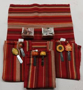 lot 114 image: FALL  THANKSGIVING THEMED TABLE MATS, SHAKERS, AND SPREADERS AS SHOWN.