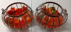 lot 130 image: (YOUR BID X 2) LARGE DECORATIVE GLASS PUMPKIN VASES WITH METAL ACCENTHANDLE AS SHOWN. THESE ARE NICE