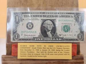 lot 101 image: 1963 B - Joseph Barr $1 bill