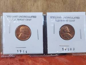 lot 105 image: Selection of 2 brilliant uncirculated Wheat pennies 1956, 1958D