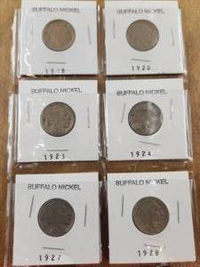 lot 114 image: Selection of Buffalo Nickels - 1918, 1920, 1923, 1924, 1927, and 1928