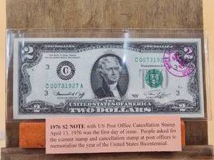 lot 139 image: 1976 $2 note with US Post Office cancellation stamp April 13th 1976